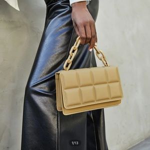 Tan purse with gold chain great for brunch day or night out